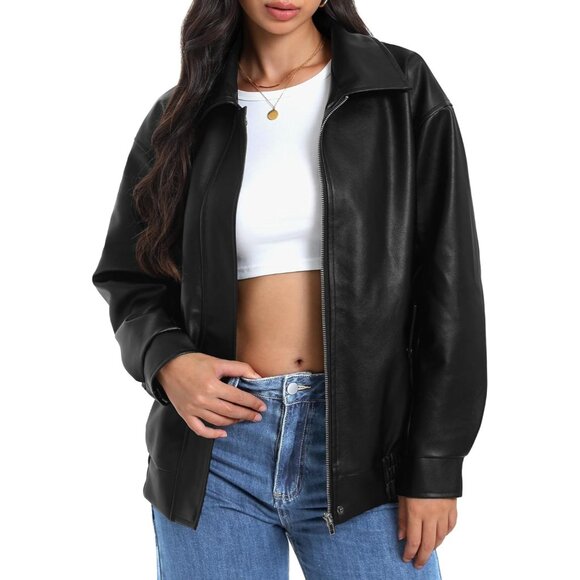⚡Women's Black Faux Leather Long Sleeve Zipper Oversized Motorcycle Jackets - Picture 1 of 7